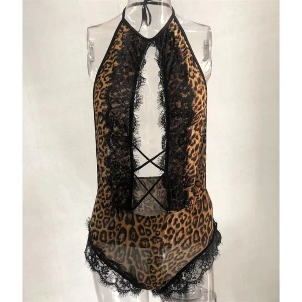 Deep V-plunge neckline Lace Leopard Teddy Lingerie